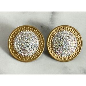 Vintage Richard Kerr Large Clip On Pave Iridescent Rhinestone Earrings Gold Tone